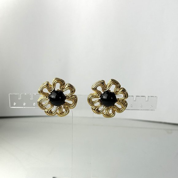 Givenchy Gold Flower Clip On Earrings with Black Cabochon - Picture 2 of 7